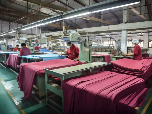 textile factory, with workers preparing bundles of fabric for shipping, created with generative ai