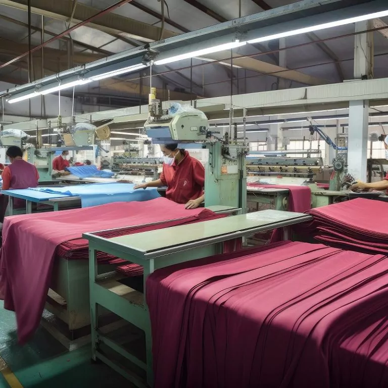 textile factory, with workers preparing bundles of fabric for shipping